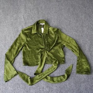 RO&DE Olive Green Crop Tie Front Long Sleeve Shirt Collared Blouse Small‎